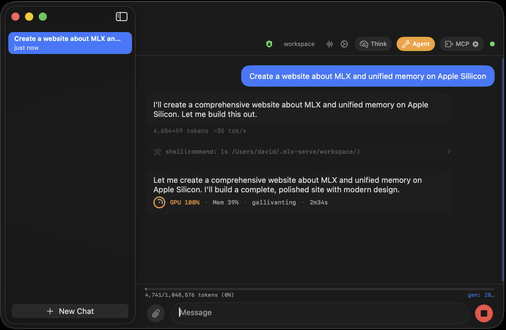 Agent mode running tools to complete a task, with each step shown