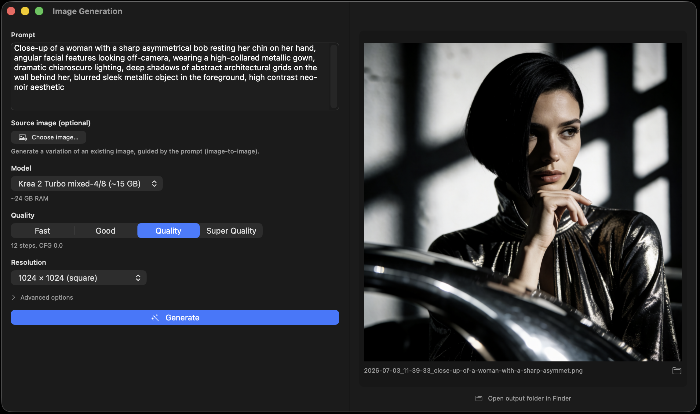 The image generation pane creating a picture from a text prompt