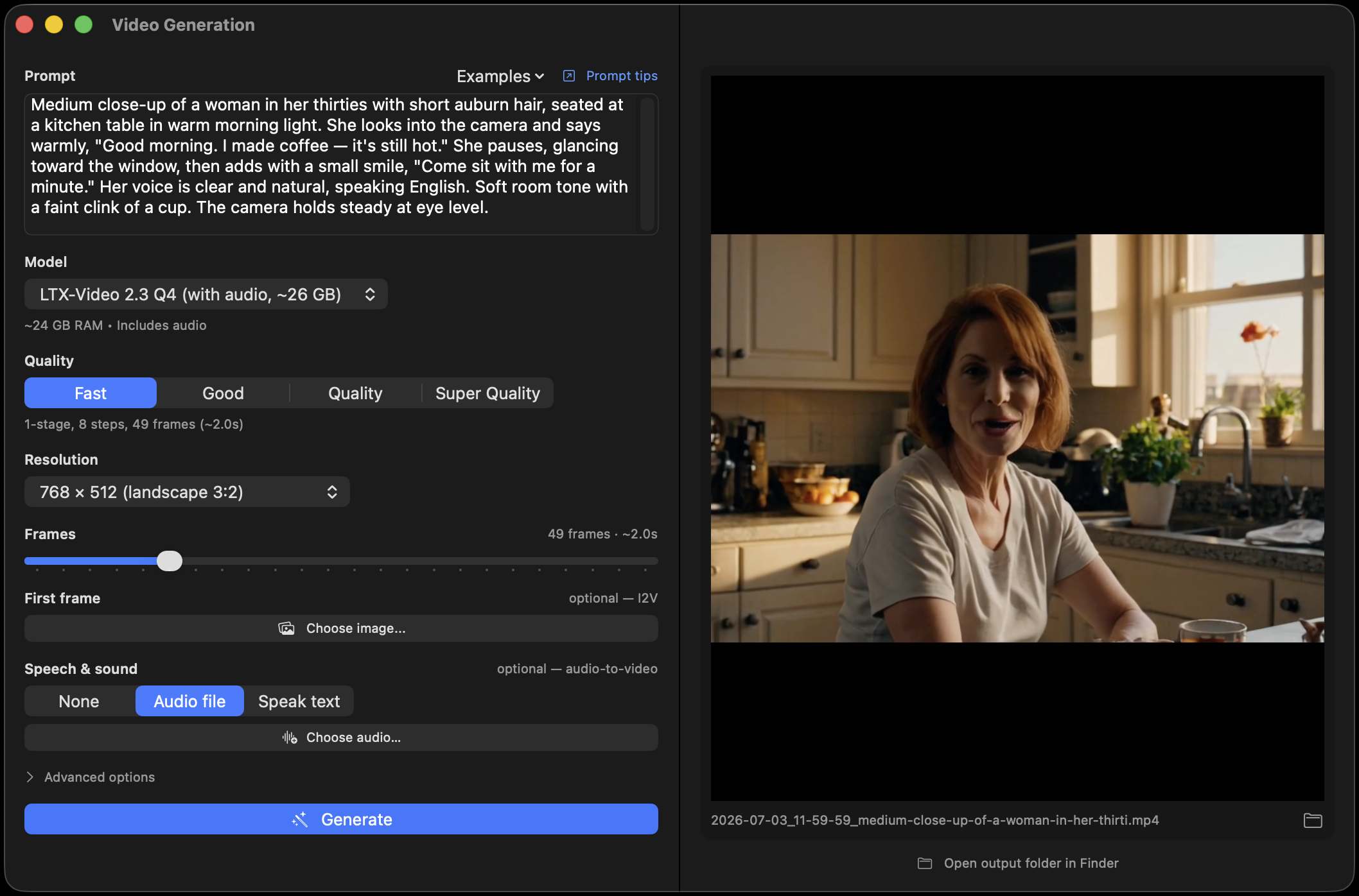 The video generation pane creating a clip from a prompt with LTX-Video